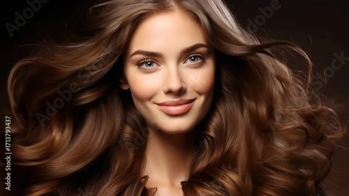 Wallpaper Mural Beautiful woman with shiny silky wavy long brown hair on dark background smiling to camera in slow motion video.Zoom out.AI Generative Torontodigital.ca