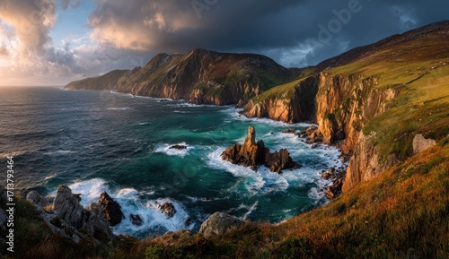 Dramatic coastal scenery at sunset. Dramatic cliffs meet churning waves