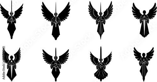 Minimalist angel with sword silhouette, clean legal emblem design for modern law firms and justice
