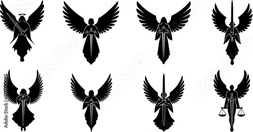 Minimalist angel with sword silhouette, clean legal emblem design for modern law firms and justice
