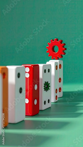 Red gear on white block in a row of colorful dominoes, symbolizing system, solution, or innovation.