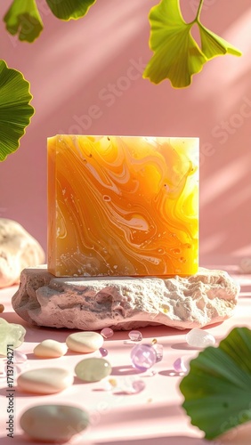 Artistic Soap Bar on Stone with Ginkgo Leaves