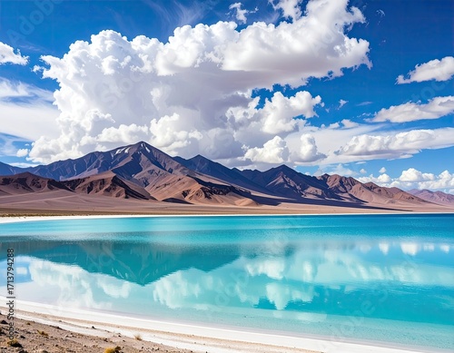 Stunning Turquoise Lake Reflecting Clouds Against Mountains