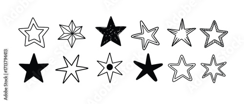 Collection of Hand-Drawn Star Icons in Various Styles and Fillings