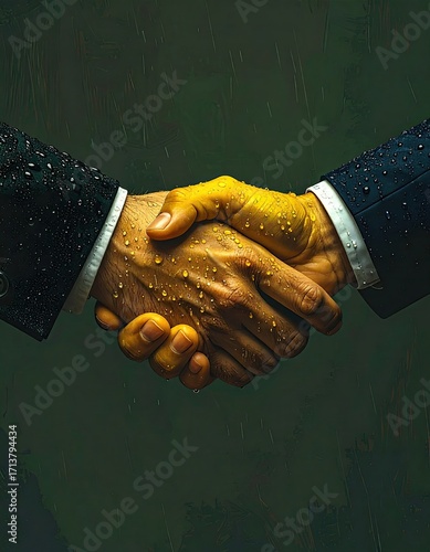 Textured Handshake in Rain, Water Droplets on Business Suits, Symbolizing Challenging Partnership and Resilience