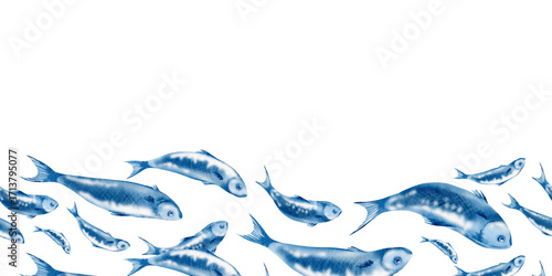 Obraz na plátně Sardine fish in horizontal seamless template swimming in a shoal stylized waterc