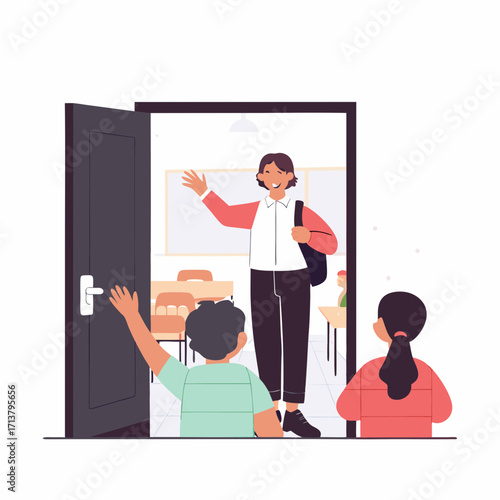 Teacher welcoming students at classroom door with friendly greeting  