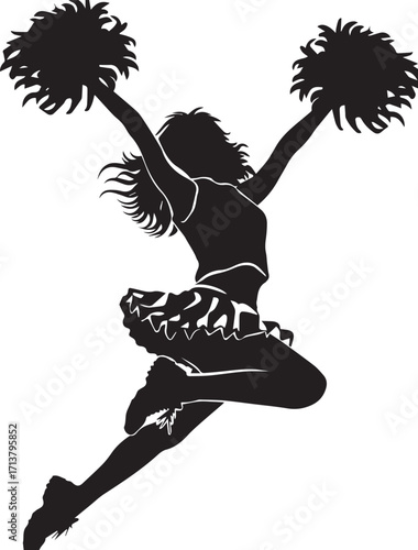 Dynamic Cheerleader Silhouette: A silhouette of a cheerleader in mid-air, pom-poms held high, encapsulating energy and spirit. capturing the essence of cheerleading and support.