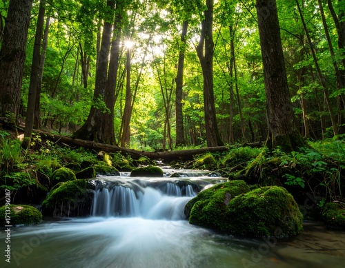 Sunlight streams through a lush forest, illuminating a cascading brook