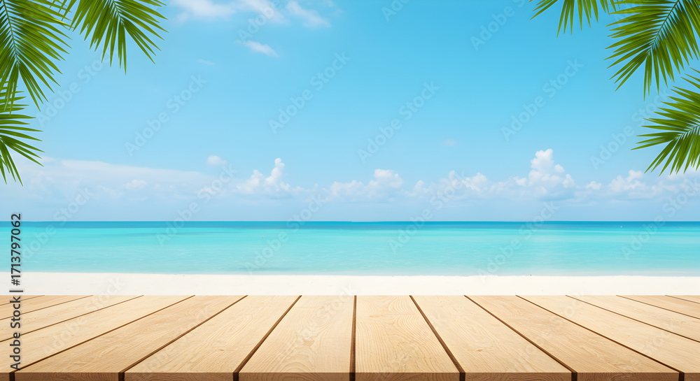 Fototapeta premium Serene Beach Scene with Turquoise Ocean White Sand and Wooden Planks in Bright Daylight
