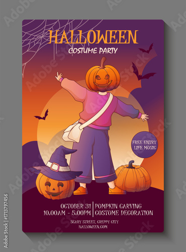 Vector Halloween poster with a pumpkin character, bats, and jack-o'-lanterns. A colorful and spooky invitation design for an October holiday party or event. Halloween party card template.
