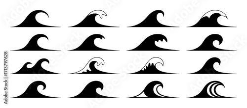 Collection of Stylized Black and White Ocean Wave Icons