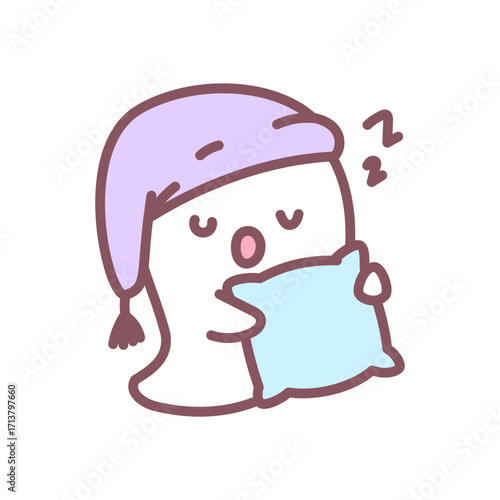 Cute sleeping ghost icon. Funny little ghost holding a pillow. Doodle illustration isolated on white background. Kawaii halloween sticker. Vector 10 EPS.