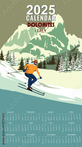 Monthly 2025 Calendar Vintage Travel poster Ski Dolomites resort. Italy winter landscape travel card