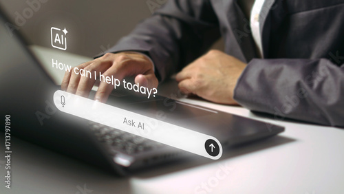 Wallpaper Mural Digital Assistance: A person interacts with an advanced AI system, using a laptop with an integrated AI assistant interface. Torontodigital.ca