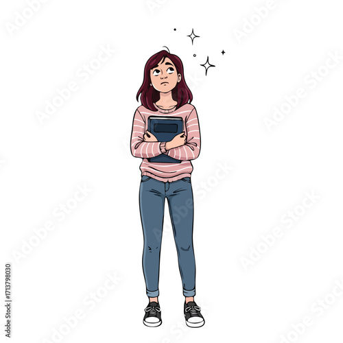 Thoughtful young woman holding books looking up with stars dreaming of ideas.