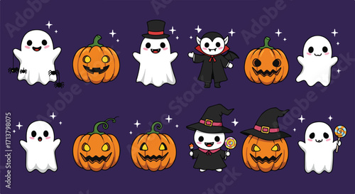 Cute pumpkins and ghosts characters, funny halloween icons, smiling spirits, spooky party decoration, carved faces, autumn creepy mascot, cartoon vector illustration.eps