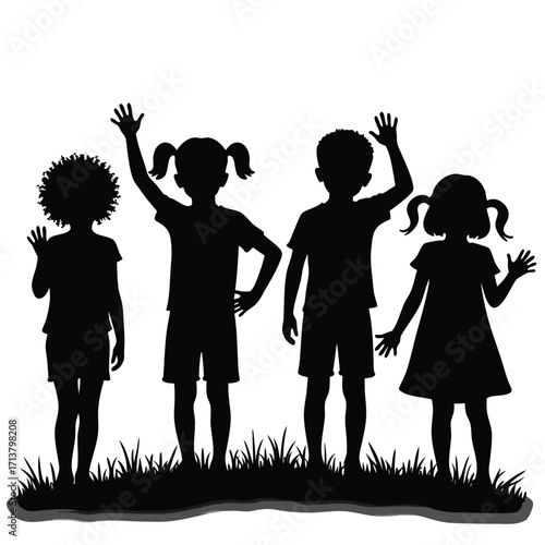 Four children silhouettes waving hands on grass kids