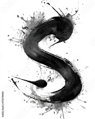 A stylized uppercase 'S' rendered in black ink, featuring expressive brushstrokes and watercolor splatters