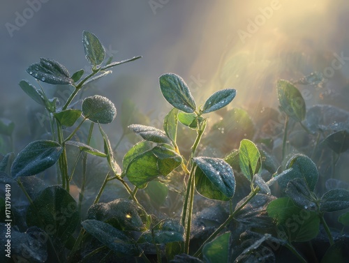 Golden Dawns First Light on Dew-Kissed Seedlings in Mist.