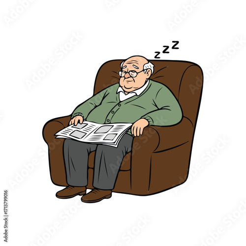 Elderly Man Napping Peacefully in a Comfortable Armchair with Newspaper.
