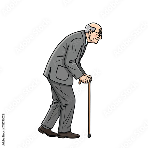 Elderly man in a grey suit hunched over and walking with a cane.