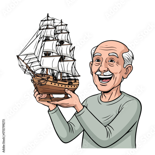 Happy Elderly Man Proudly Holding Detailed Model Sailing Ship.