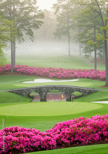 Iconic Stone Bridge and Azaleas at Augusta National Golf Course in Mist. National Golf Day