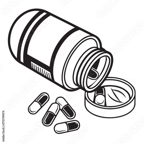A spilled bottle of capsules, with several pills scattered nearby, creates a scene of potential medication or supplement use, isolated on white background