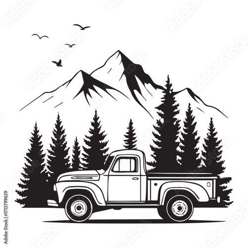 A vintage pickup truck is parked amidst a serene forest, with towering mountains in the backdrop, birds soaring above, isolated on white background, creating a nostalgic and adventurous scene