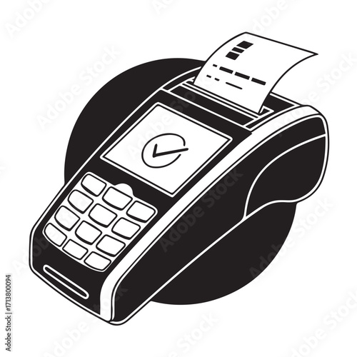 A sleek point of sale pos terminal with a receipt printing, isolated on white background, featuring a screen displaying a checkmark, indicating a successful transaction