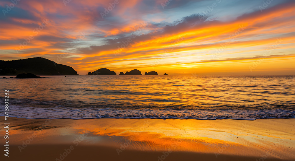 Obraz premium Spectacular Golden Sunset Over the Ocean with Island Silhouettes and Sand Reflections