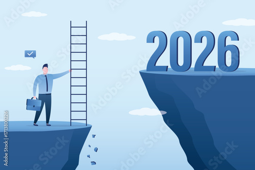 Business prospects in 2026, business targets in 2026, vision of future success, achievement targets in new year, businessman uses ladder for climbing cliff of 2026 targets