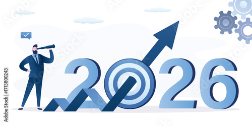 Economic prospects in 2026 year. Visionary looking future with spyglass. Smart businessman look through binoculars at growing chart. Business opportunities and targets or goals.