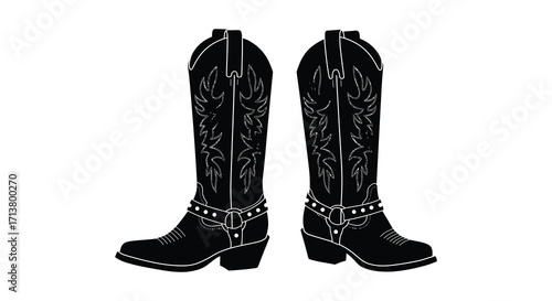 A pair of black western cowboy boots with detailed floral designs