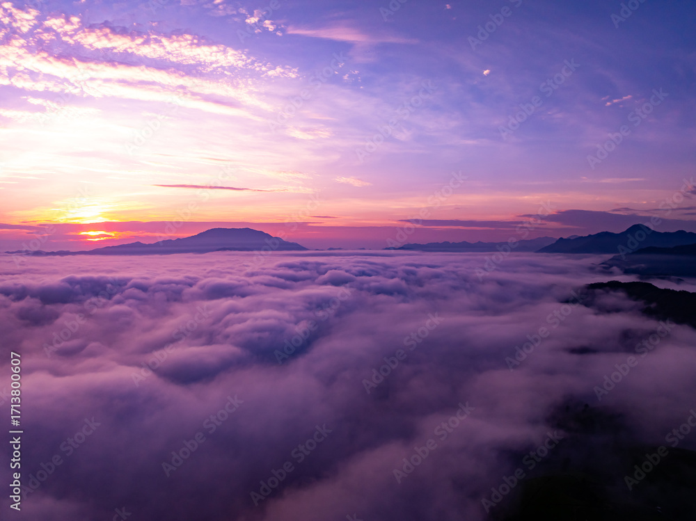 Fototapeta premium Drone aerial view of landscape mountains view in sunrise or sunset time,High angle view over countryside at northern Vietnam