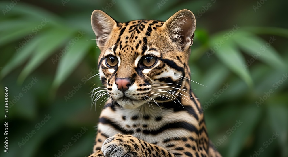 Fototapeta premium Close up portrait of a beautiful ocelot in lush greenery