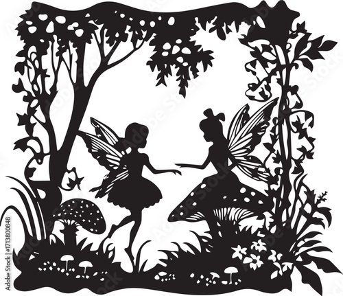 Enchanted Grove Silhouette: Two ethereal fairies dance playfully within an intricate silhouette of a mystical woodland, their delicate wings spread amidst the enchanting scene of the fairy tale world.