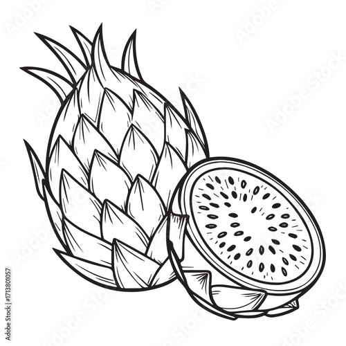Dragon fruit and its crosssection isolated on white background, showcasing the vibrant texture and unique appearance of this exotic fruit, perfect for healthy lifestyle concepts