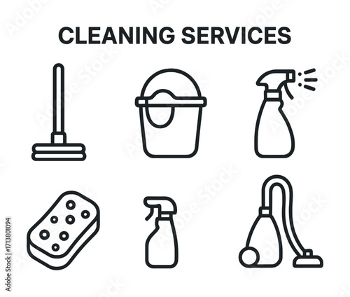 Cleaning services icons: mop, bucket, spray bottle, sponge, vacuum
