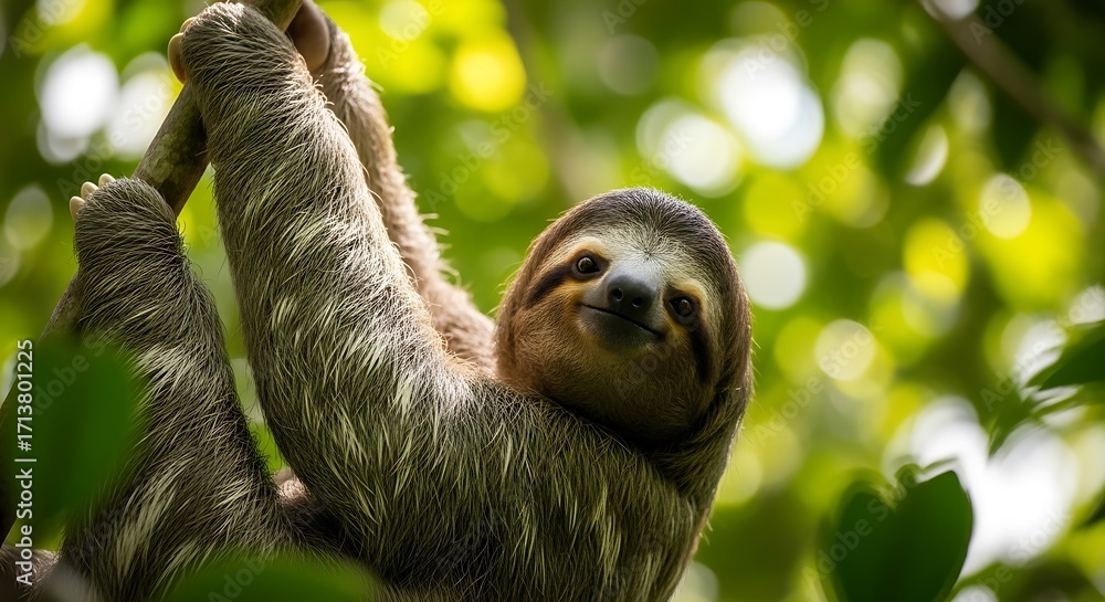 Naklejka premium Three toed sloth hanging in lush green tropical rainforest canopy