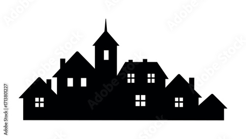 Silhouette of traditional european village with church against white background