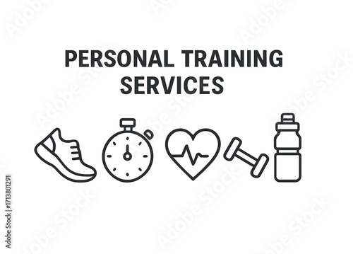 Personal training services icon set: sneaker, stopwatch, heartbeat, dumbbell, water bottle