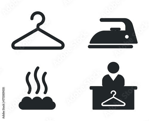 Laundry icons: hanger, iron, steam, counter symbol set for dry cleaning