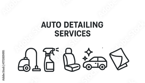 Auto detailing services icons: vacuum, spray bottle, car seat, car, cloth