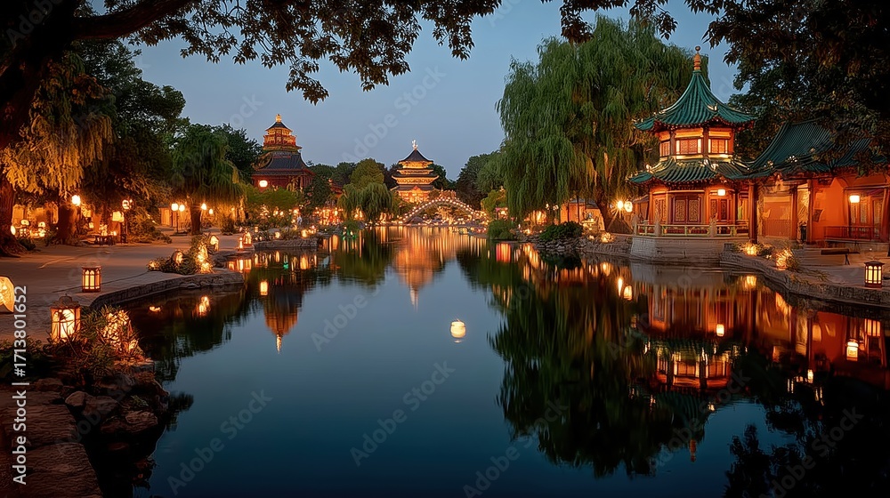 Fototapeta premium Chinese Garden at Night with Lanterns and Full Moon Reflection in Pond, Festive Mid-Autumn Atmosphere, Perfect for Holiday Celebrations, Cultural Promotions, and Seasonal Marketing 