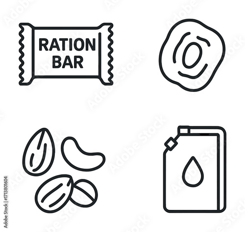 Survival kit icons: ration bar, egg, nuts, water bottle
