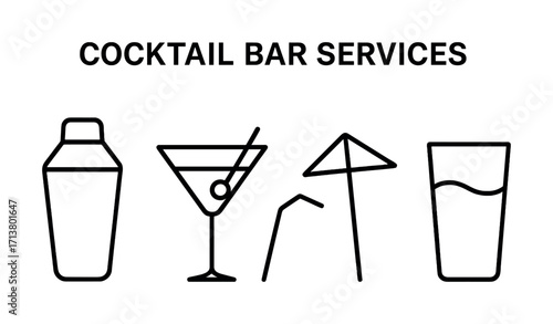 Minimalist cocktail bar icons featuring martini, shaker, umbrella, and drink glasses