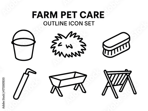 Farm pet care icon set: bucket, hay, brush, water feeder, trough, hayrack