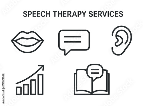 Speech therapy services icons: lips, speech bubble, ear, chart, book